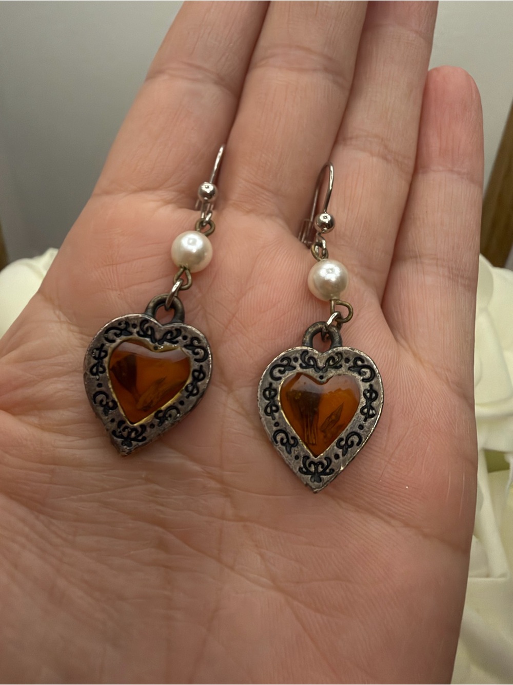 Vintage-Style Heart Drop Earrings with Amber Crystal and Pearl Accent